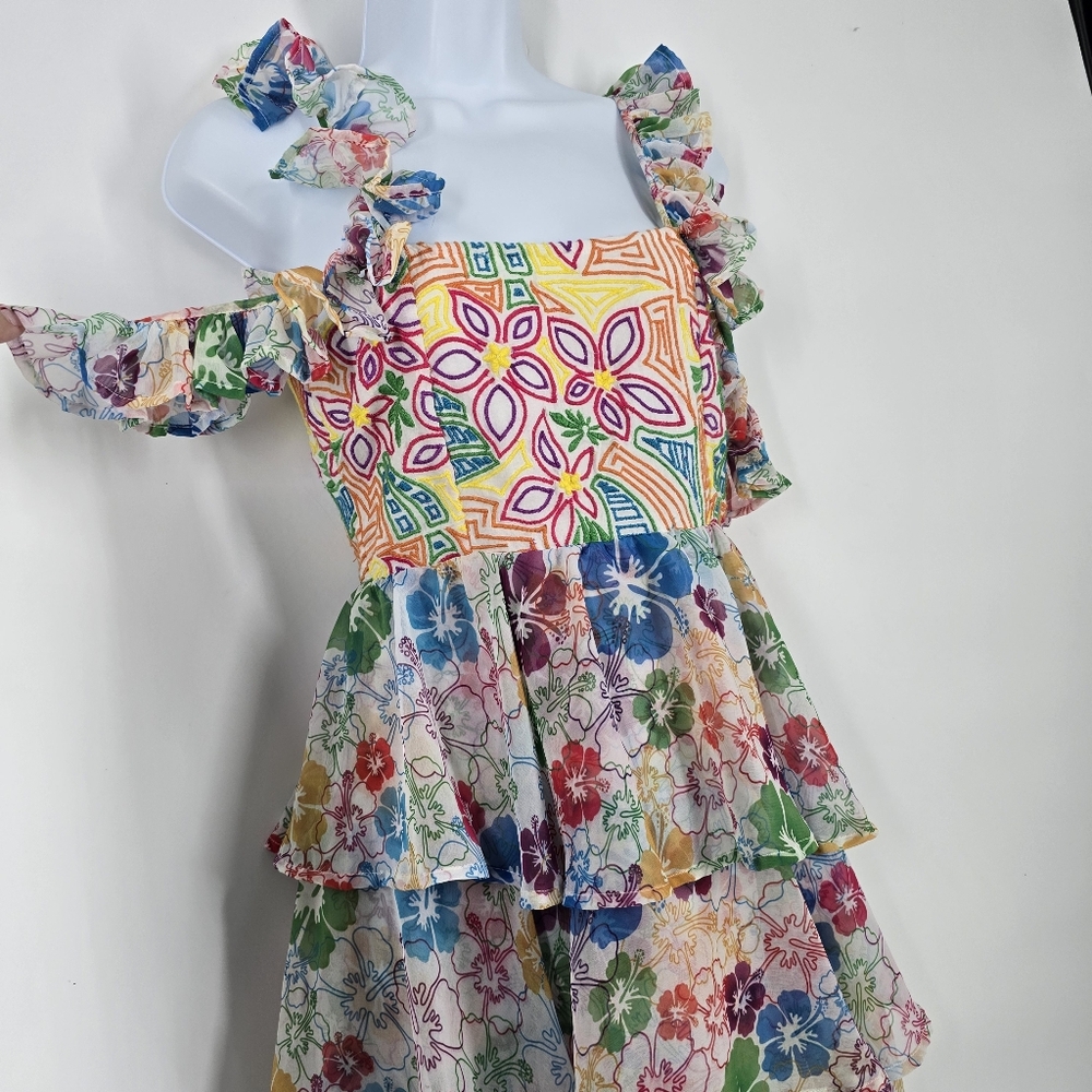All Things Mochi Ilima Women's Ruffled Embroidered Mini Dress Size S NEW